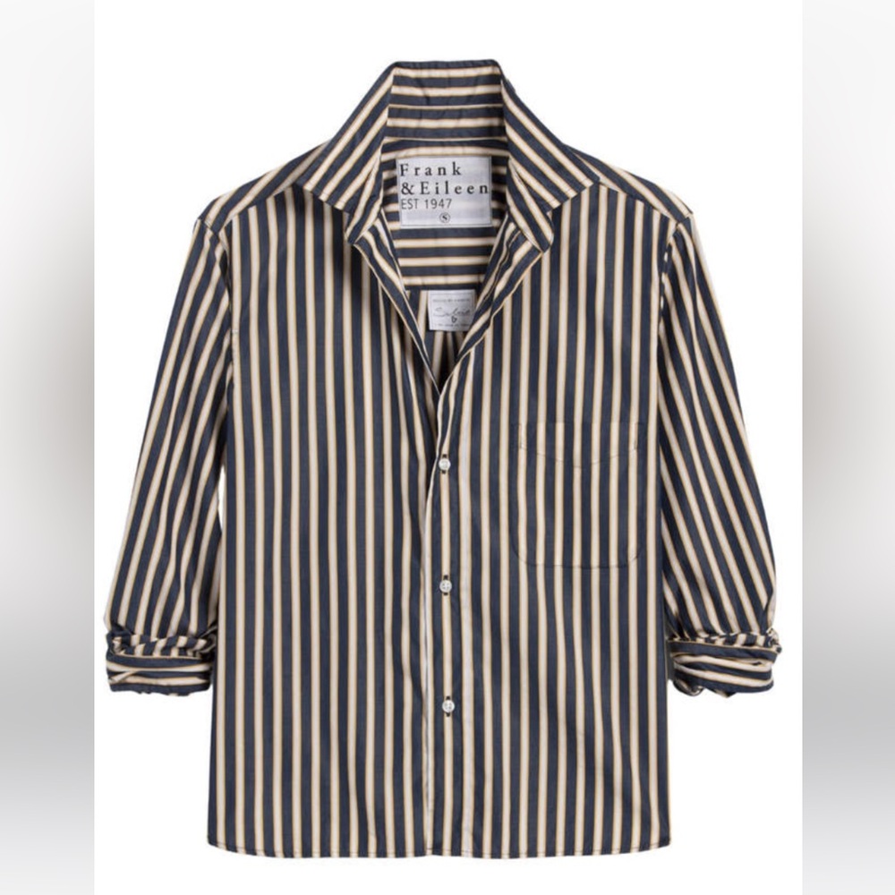 Frank & Eileen Silvio Navy and Beige Striped Button Up Shirt